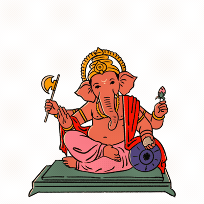 A Drawing Of An Elephant Holding An Axe And A Flower With The Words " Shri Ganesha " Above Him GIF