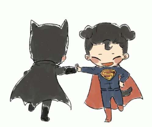 A Drawing Of Batman And Superman Holding Hands On A White Background GIF