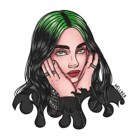 A Drawing Of Billie Eilish With Green Hair Is Titled Wellber Sticker