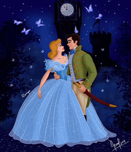 A Drawing Of Cinderella And Prince Charming With The Year 2014 On The Bottom GIF