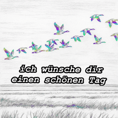 A Drawing Of Ducks Flying Over A Field With The Words Ich Wünsche Dir Einen Schönen Tag Below Them GIF