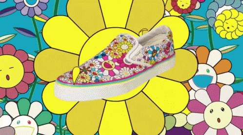 A Drawing Of Flowers With A Shoe In Front Of It GIF