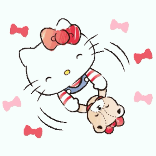 A Drawing Of Hello Kitty Holding Two Teddy Bears Surrounded By Bows GIF