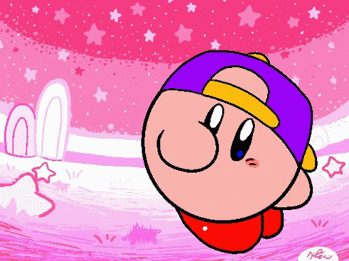 A Drawing Of Kirby Wearing A Purple Hat And A Red Shirt GIF