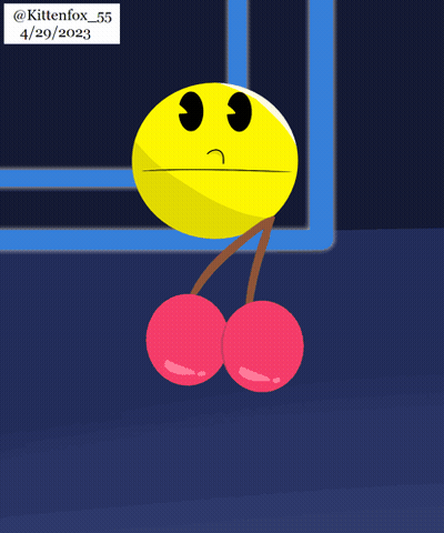 A Drawing Of Pac Man With Two Cherries In His Mouth Dated 4/29/2023 GIF