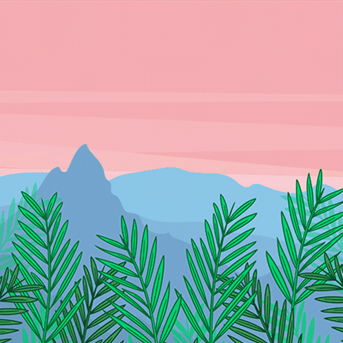 A Drawing Of Palm Leaves And Mountains With A Pink Sky GIF
