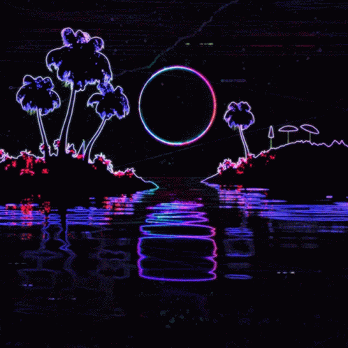 A Drawing Of Palm Trees And A Circle In The Water GIF