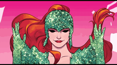 A Drawing Of Poison Ivy With Red Hair And Green Leaves GIF
