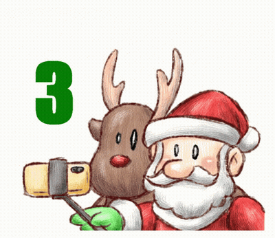 A Drawing Of Santa Taking A Selfie With A Reindeer And The Words Merry Christmas Behind Them GIF