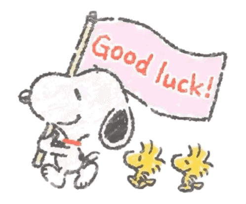 A Drawing Of Snoopy And Woodstock Holding A Flag That Says `` Good Luck '' . GIF