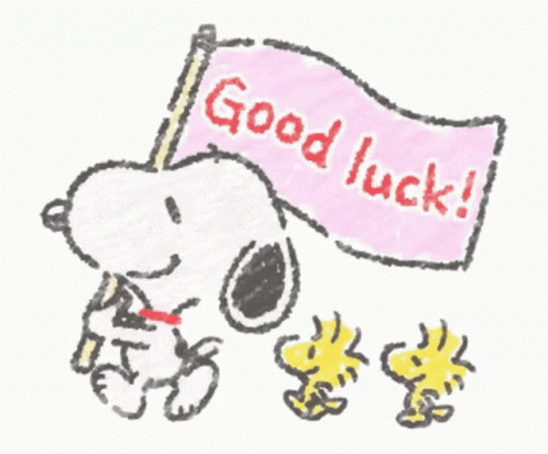 A Drawing Of Snoopy And Woodstock Holding A Pink Flag That Says Good Luck GIF