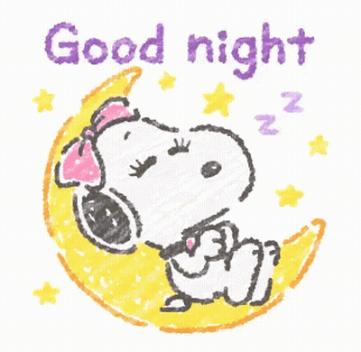 A Drawing Of Snoopy Sleeping On A Crescent Moon With The Words Good Night Written Below Him GIF