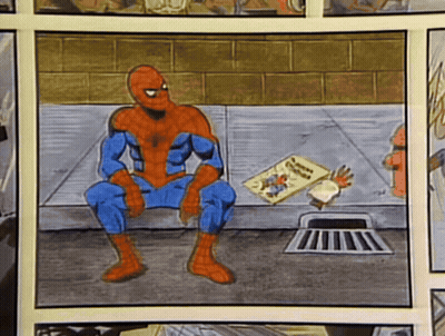 A Drawing Of Spider Man Sitting On A Sidewalk GIF