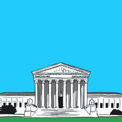 A Drawing Of The Supreme Court Building With The Word Justice Written Above It GIF