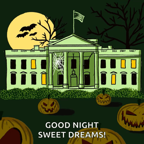 A Drawing Of The White House With Pumpkins And The Words Good Night Sweet Dreams Below It GIF