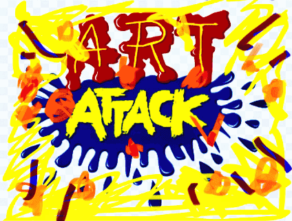 A Drawing Of The Word Art Attack With Flames Coming Out Of It GIF