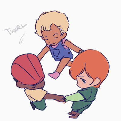 A Drawing Of Three Children Holding Hands With The Word Twirl Written On The Bottom GIF