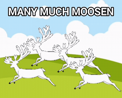 A Drawing Of Three Deer Running With The Words Many Much Moosen Below Them GIF