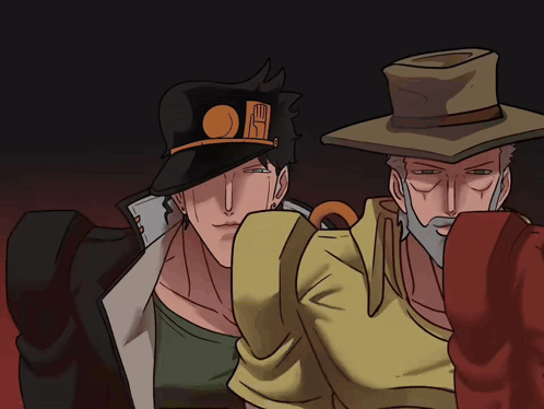 A Drawing Of Three Men With One Wearing A Hat That Says Jojo GIF