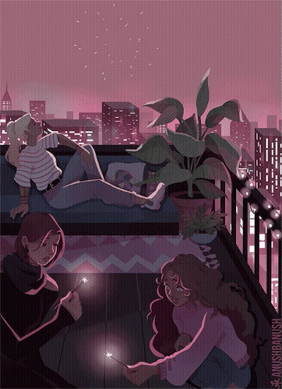 A Drawing Of Three People On A Balcony With A City Skyline Behind Them GIF