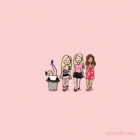 A Drawing Of Three Women Standing Next To Each Other On A Pink Background . GIF
