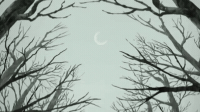 A Drawing Of Trees With A Crescent Moon In The Sky GIF