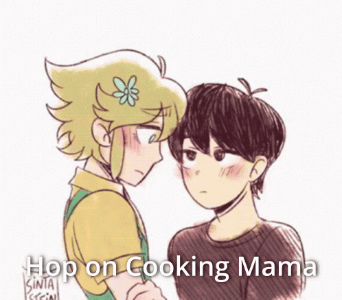 A Drawing Of Two Boys Looking At Each Other With The Caption `` Hop On Cooking Mama '' GIF