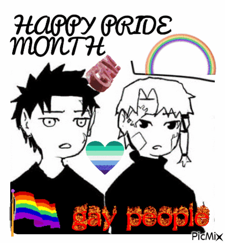 A Drawing Of Two Boys With A Rainbow In The Background And The Words Happy Pride Month Gay People GIF