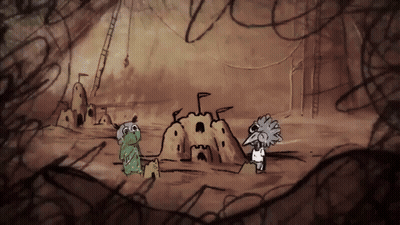 A Drawing Of Two Cartoon Characters Standing In Front Of A Castle Made Of Sand GIF