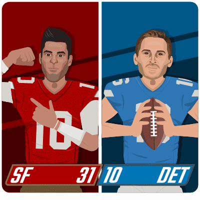 A Drawing Of Two Football Players With Sf 31 10 Det Written Below Them GIF