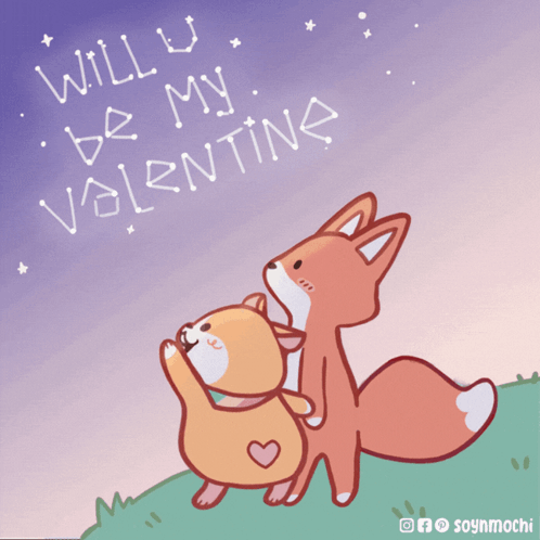 A Drawing Of Two Foxes With The Words Will U Be My Valentine GIF