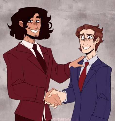 A Drawing Of Two Men In Suits Shaking Hands With The Name Redsing On The Bottom GIF