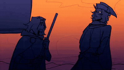 A Drawing Of Two Men Standing Next To Each Other . One Of The Men Is Holding A Stick . GIF