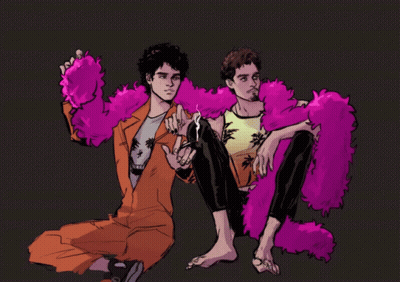 A Drawing Of Two Men Wearing Pink Fur Coats GIF