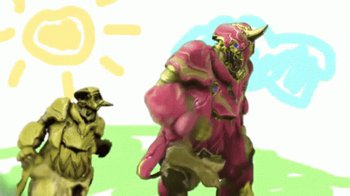 A Drawing Of Two Monsters Standing Next To Each Other With The Sun In The Background GIF