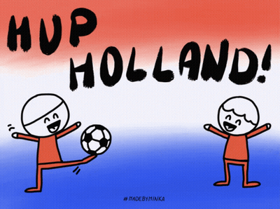 A Drawing Of Two People Kicking A Soccer Ball With The Words Hup Holland Below Them GIF