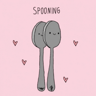 A Drawing Of Two Spoons With Faces And The Words " Spooning " GIF