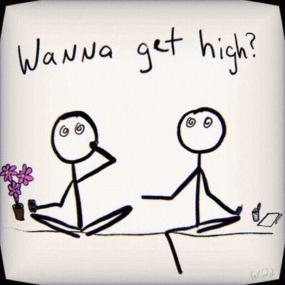 A Drawing Of Two Stick Figures Sitting Next To Each Other With The Words " Wanna Get High " Above Them GIF