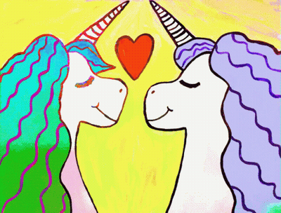A Drawing Of Two Unicorns Kissing With A Red Heart In The Middle GIF