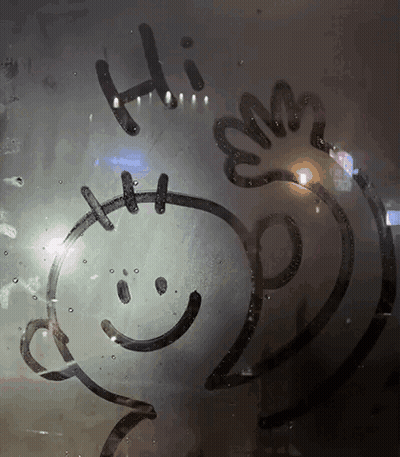 A Drawing On A Window That Says Hi And A Smiley Face GIF