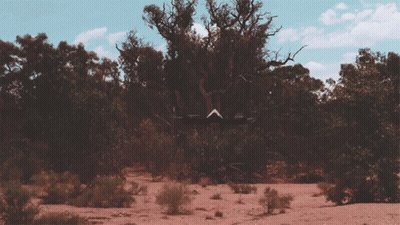 A Drone Is Flying Over A Desert Landscape With Trees And Bushes GIF
