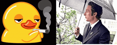 A Duck Smoking A Cigarette Next To A Man With An Umbrella GIF