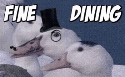 A Duck Wearing A Top Hat With The Words Fine Dining On The Bottom GIF