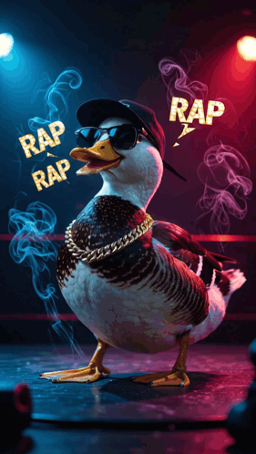 A Duck Wearing Sunglasses And A Hat With The Word Rap Written On It GIF