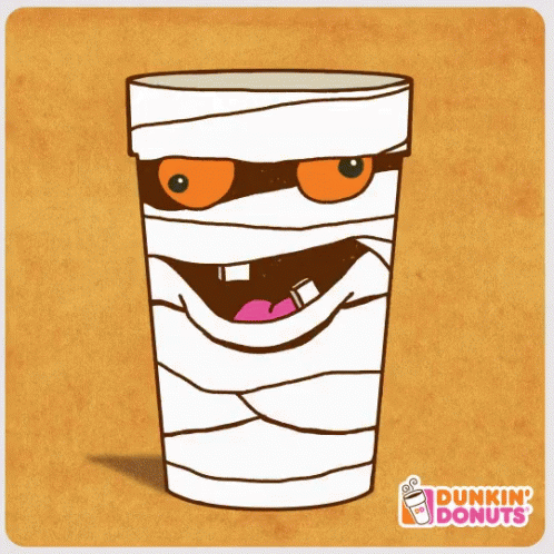 A Dunkin ' Donuts Cup With A Mummy 'S Face On It GIF