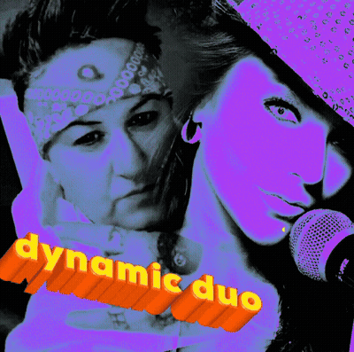 A Dynamic Duo Poster With Two Women And A Microphone In The Foreground GIF
