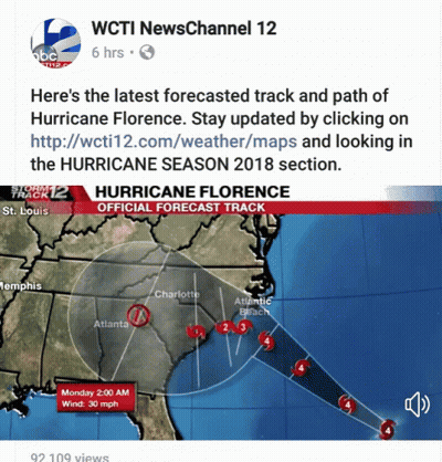 A Facebook Post From Wcti Newschannel 12 Shows The Latest Forecasted Track Of Hurricane Florence GIF
