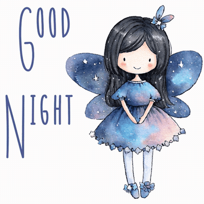 a fairy in a blue dress with the words good night