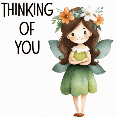 A Fairy With Flowers In Her Hair Is Holding An Apple And Says Thinking Of You GIF