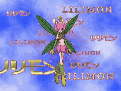 A Fairy With Green Wings Is Surrounded By The Names Lilimon GIF